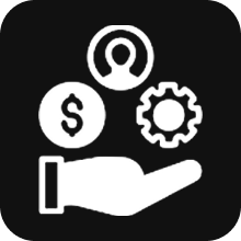 Grayson Risk Consulting Icon of a hand holding symbols for money, a person, and a gear, representing financial management, human resources, and settings or tools, on a black background.