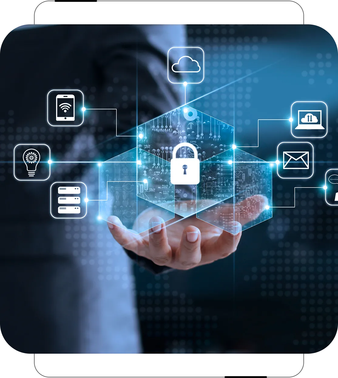 Grayson Risk Consulting A person holds a digital hologram with a lock symbol, surrounded by icons representing technology and data, including cloud, email, and servers.