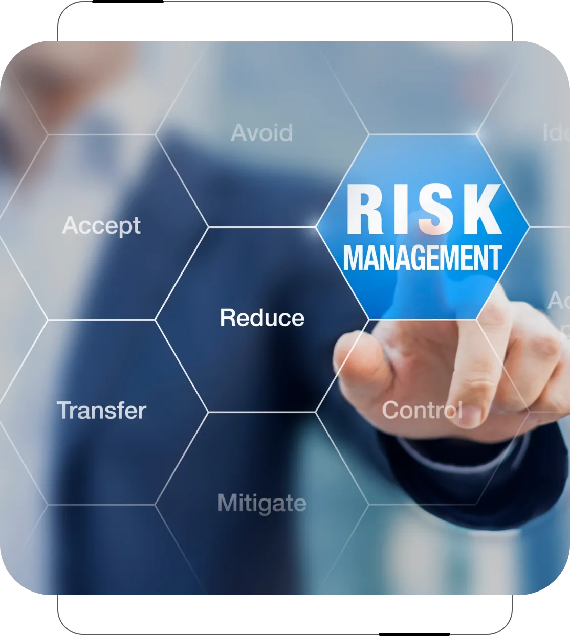 Grayson Risk Consulting A person in a suit pointing at a hexagonal grid with "Risk Management" highlighted. Other terms include Accept, Avoid, Reduce, Transfer, Control, Mitigate.