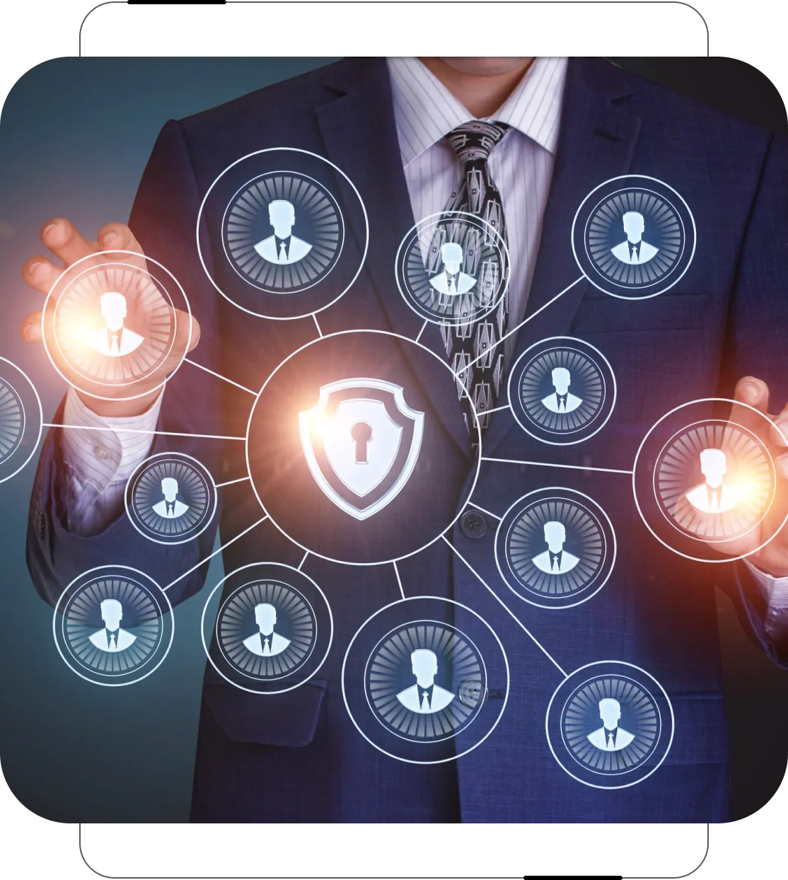 Grayson Risk Consulting A person in a suit interacts with a digital interface displaying a security shield icon and connected human figures, symbolizing network protection and user connections.
