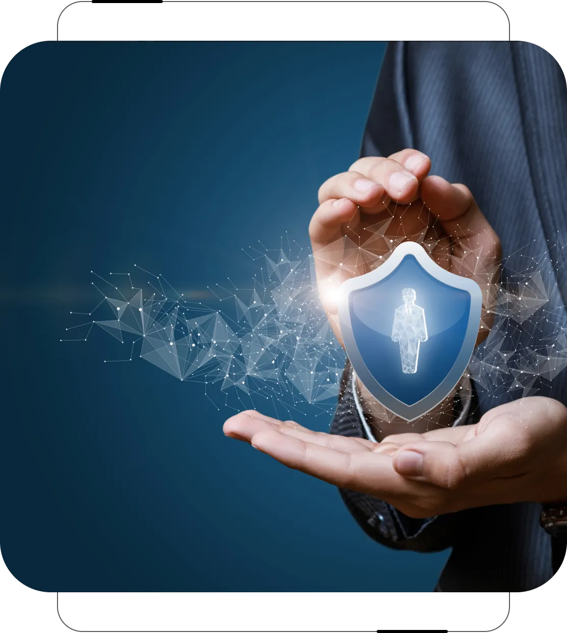 Grayson Risk Consulting Hands hold a digital shield containing a silhouette of a person, surrounded by a network of connected lines and nodes against a blue background.