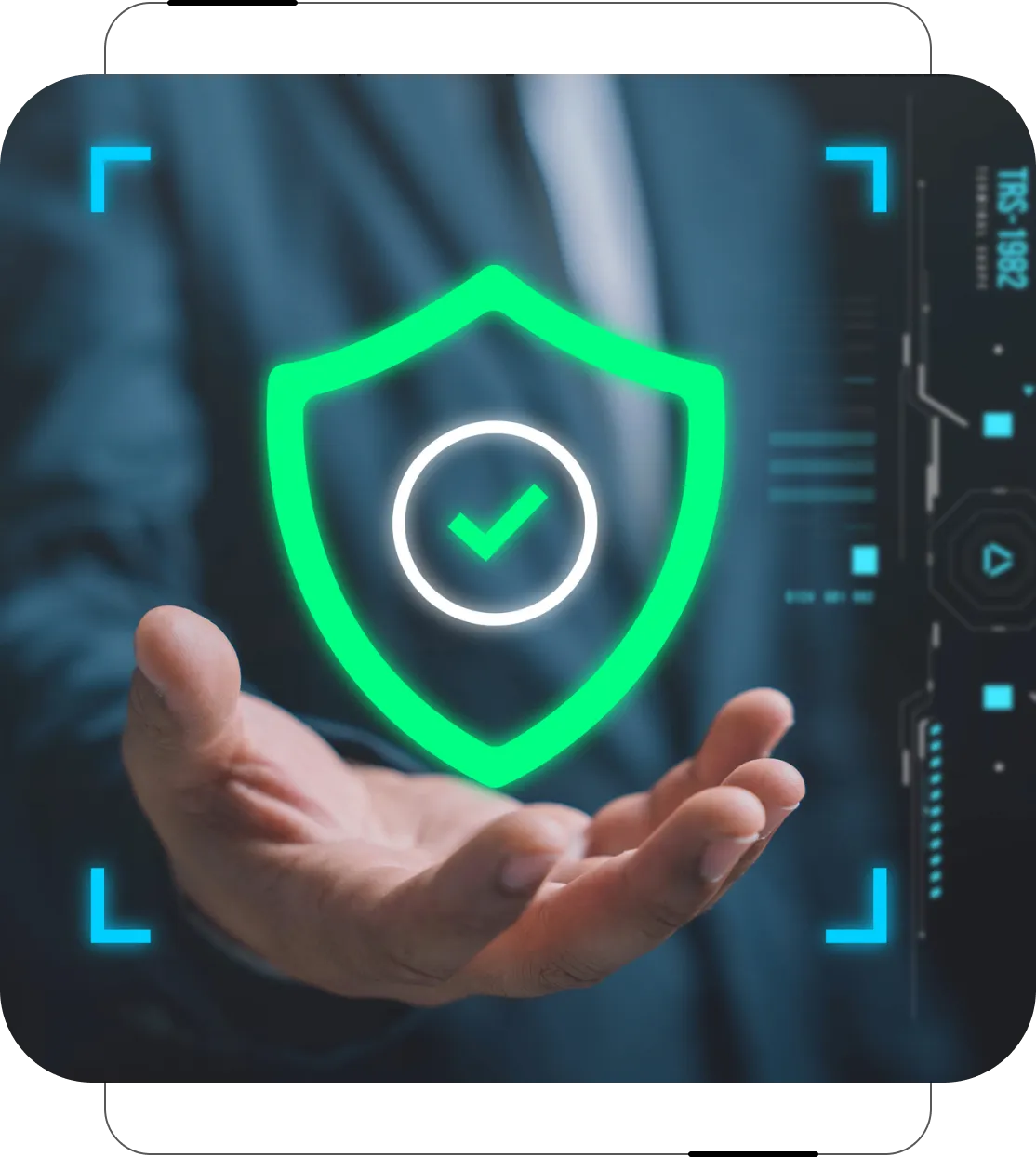 Grayson Risk Consulting A person in a suit holds out a hand with a digital shield and checkmark floating above it, symbolizing cybersecurity and protection.
