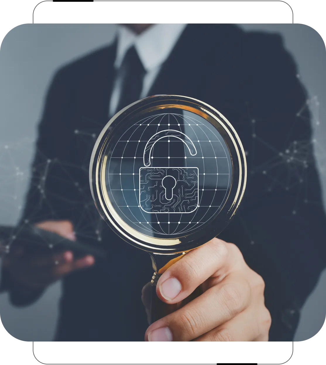 Grayson Risk Consulting A person holds a magnifying glass over a digital lock symbol, suggesting cybersecurity or data protection.